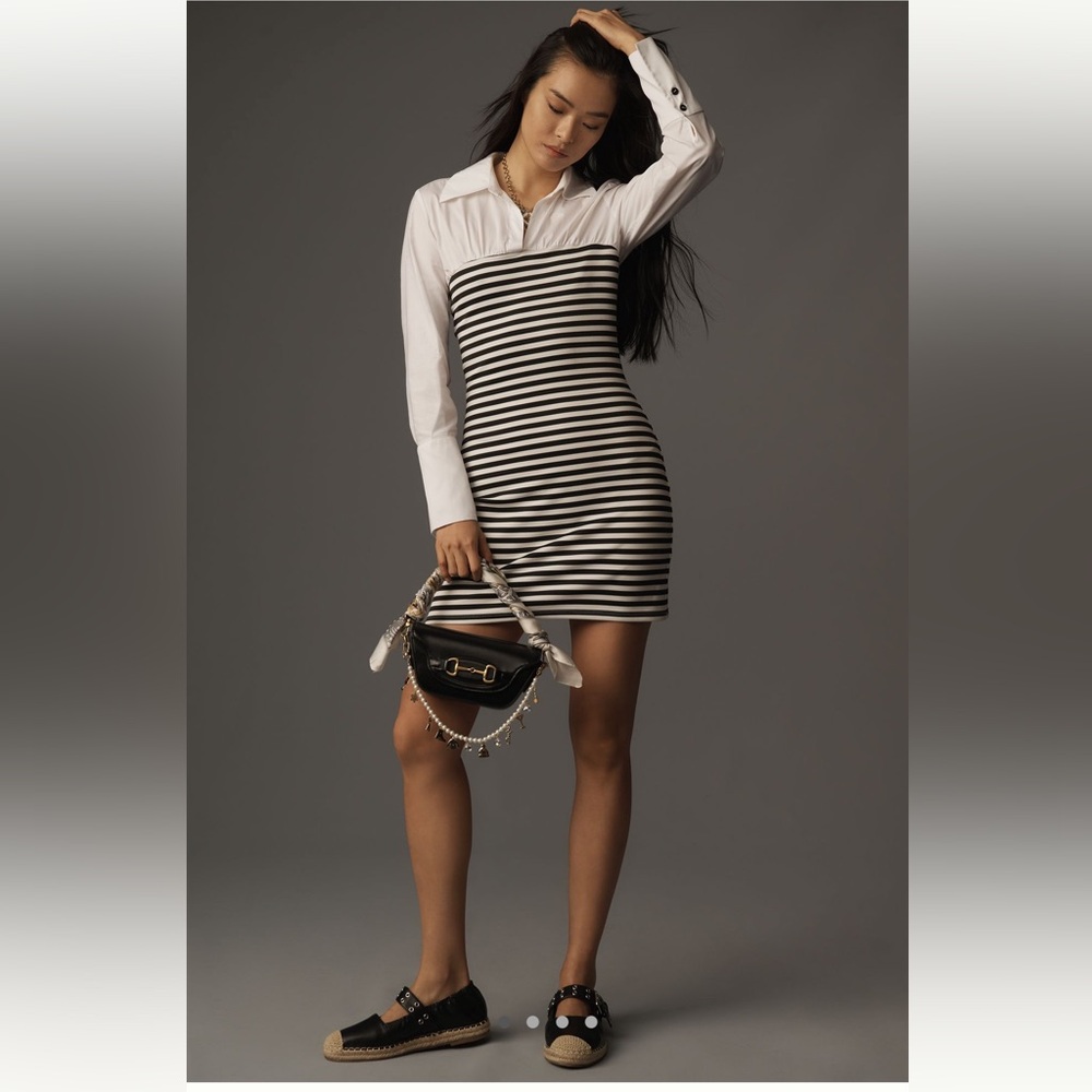 NWT Anthropologie Maeve Fitted Twofer Mini Dress Black and White Sz XS